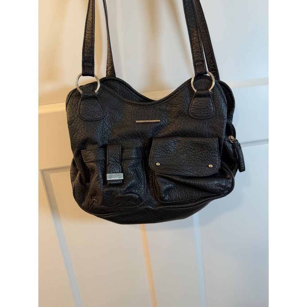 Jaclyn Smith Black Pebbled Faux Leather Shoulder Bag Multi Pocket Handbag